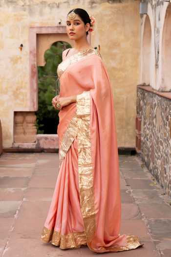Buy_Zal From Benaras_Peach Silk, Tissue Gota Border Saree With Unstitched Blouse Fabric _Online_at_Aza_Fashions