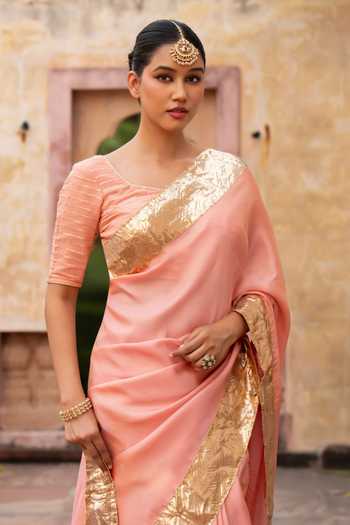 Zal From Benaras_Peach Silk, Tissue Gota Border Saree With Unstitched Blouse Fabric _at_Aza_Fashions