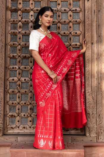 Shop_Zal From Benaras_Red Silk Handloom Saree With Unstitched Blouse Fabric _Online_at_Aza_Fashions