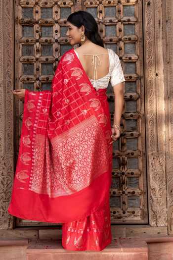 Shop_Zal From Benaras_Red Silk Handloom Saree With Unstitched Blouse Fabric _at_Aza_Fashions