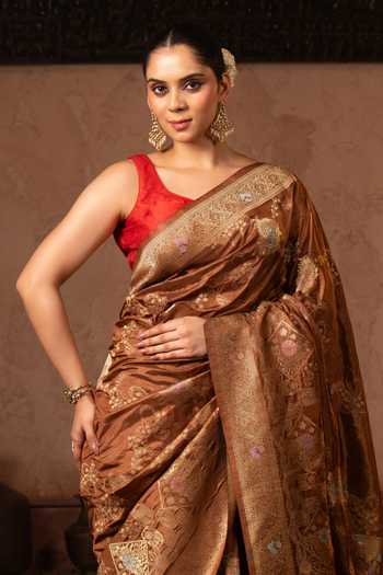 Shop_Zal From Benaras_Brown Silk Handloom Saree With Unstitched Blouse Fabric _Online_at_Aza_Fashions