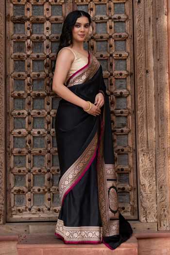 Shop_Zal From Benaras_Black Silk, Satin Handloom Saree With Unstitched Blouse Fabric _Online_at_Aza_Fashions