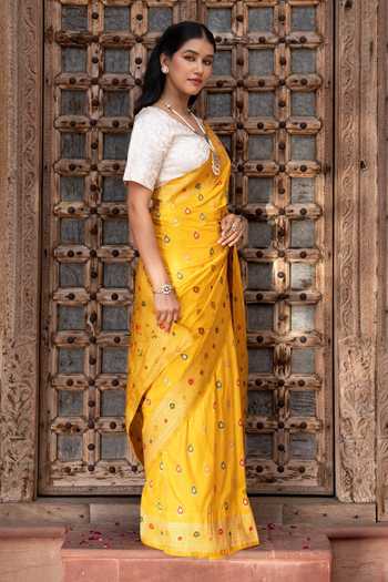 Shop_Zal From Benaras_Yellow Silk Banarasi Handloom Saree With Unstitched Blouse Fabric _Online_at_Aza_Fashions