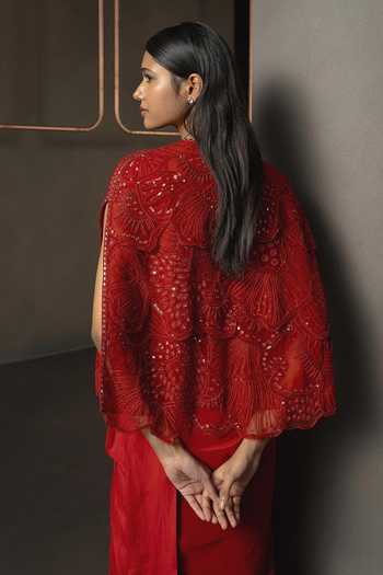 Shop_Mishru_Red Silk Sweetheart Neck, Rubira Embroidered Pre-draped Saree Set _at_Aza_Fashions