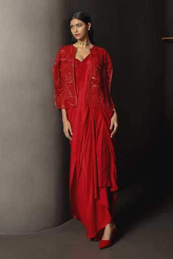 Shop_Mishru_Red Silk Sweetheart Neck, Rubira Embroidered Pre-draped Saree Set _Online_at_Aza_Fashions