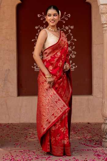 Shop_Zal From Benaras_Red Silk Handloom Saree With Unstitched Blouse Fabric _Online_at_Aza_Fashions