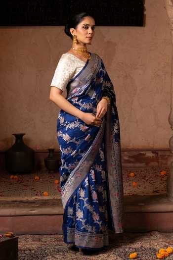 Shop_Zal From Benaras_Blue Silk Handloom Saree With Unstitched Blouse Fabric _Online_at_Aza_Fashions