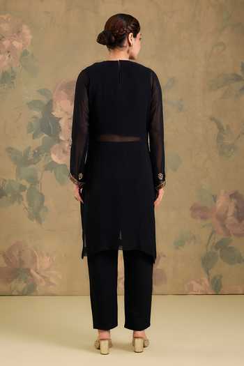Shop_Studio A_Black Georgette Round Neck Bead Embroidered Kurta And Pant Set _at_Aza_Fashions