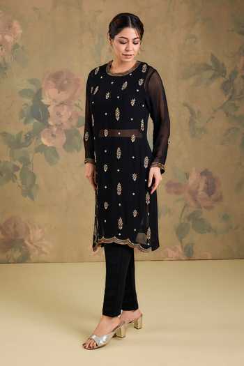 Buy_Studio A_Black Georgette Round Neck Bead Embroidered Kurta And Pant Set _Online_at_Aza_Fashions