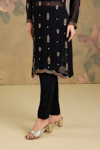 Shop_Studio A_Black Georgette Round Neck Bead Embroidered Kurta And Pant Set _Online_at_Aza_Fashions