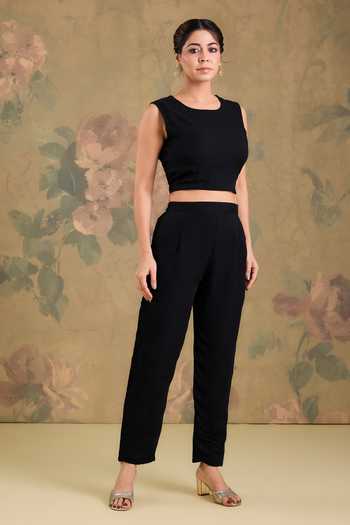Studio A_Black Georgette Round Neck Bead Embroidered Kurta And Pant Set _at_Aza_Fashions