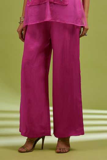 Shop_Ewoke_Pink Organza V-neck Embroidered Top And Palazzo Set _Online_at_Aza_Fashions