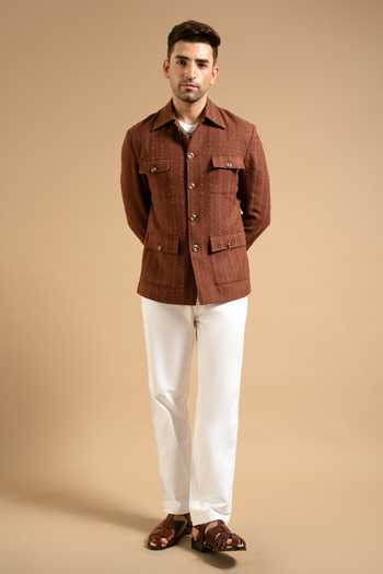 Buy_Gargee Designers_Brown Cotton Textured Blend Utility Shacket _Online_at_Aza_Fashions