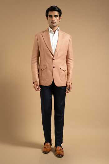 Gargee Designers_Peach Linen Houndstooth Blazer _Online_at_Aza_Fashions