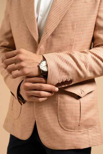 Buy_Gargee Designers_Peach Linen Houndstooth Blazer _Online_at_Aza_Fashions