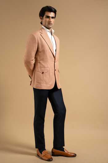 Shop_Gargee Designers_Peach Linen Houndstooth Blazer _Online_at_Aza_Fashions