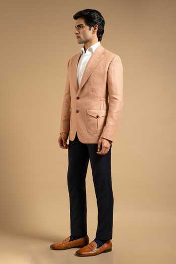 Gargee Designers_Peach Linen Houndstooth Blazer _at_Aza_Fashions