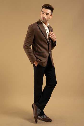 Gargee Designers_Brown Cotton Contrast Piped Crest Blazer _Online_at_Aza_Fashions