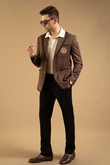 Buy_Gargee Designers_Brown Cotton Contrast Piped Crest Blazer _Online_at_Aza_Fashions
