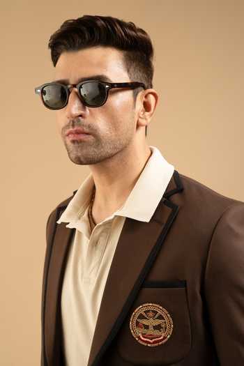 Shop_Gargee Designers_Brown Cotton Contrast Piped Crest Blazer _Online_at_Aza_Fashions