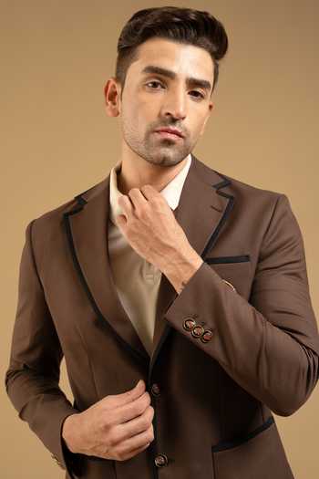 Gargee Designers_Brown Cotton Contrast Piped Crest Blazer _at_Aza_Fashions
