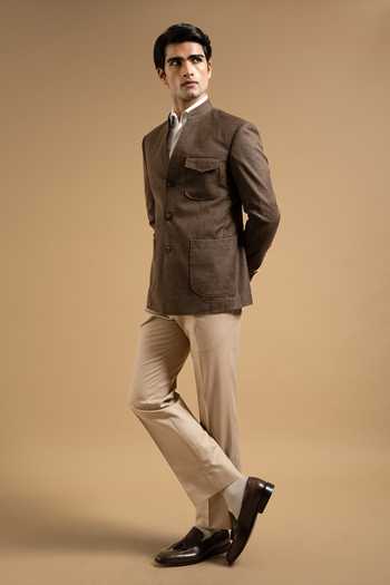 Gargee Designers_Brown Cotton, Linen V Neck Textured Bandhgala _Online_at_Aza_Fashions