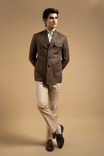 Buy_Gargee Designers_Brown Cotton, Linen V Neck Textured Bandhgala _Online_at_Aza_Fashions