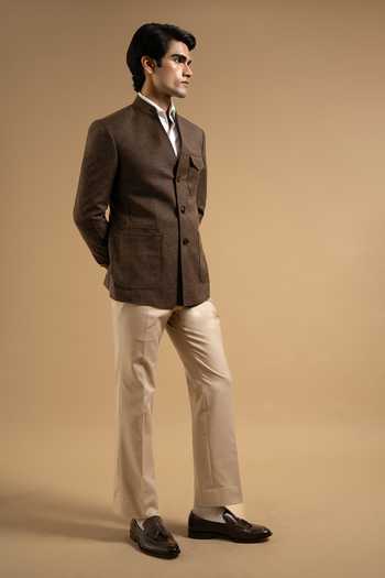 Shop_Gargee Designers_Brown Cotton, Linen V Neck Textured Bandhgala _Online_at_Aza_Fashions