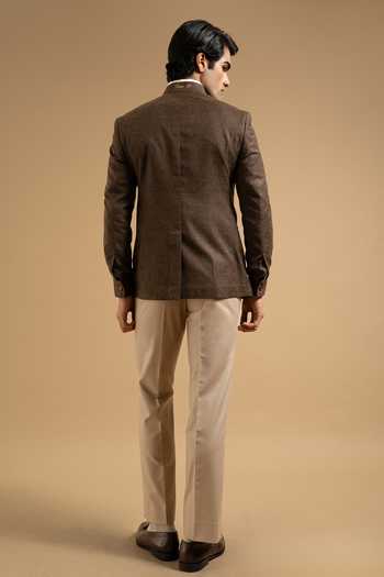 Shop_Gargee Designers_Brown Cotton, Linen V Neck Textured Bandhgala _at_Aza_Fashions