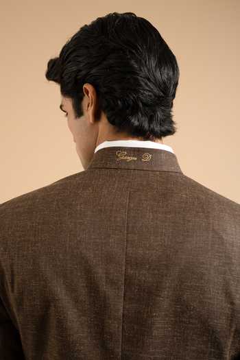 Buy_Gargee Designers_Brown Cotton, Linen V Neck Textured Bandhgala 