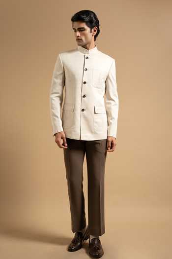 Gargee Designers_Off White Cotton, Linen Textured Bandhgala _Online_at_Aza_Fashions