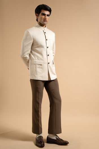 Buy_Gargee Designers_Off White Cotton, Linen Textured Bandhgala _Online_at_Aza_Fashions