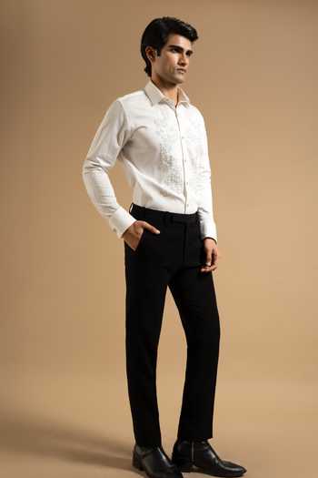 Gargee Designers_White Polyester, Satin Textured Embroidered Panel Shirt _Online_at_Aza_Fashions