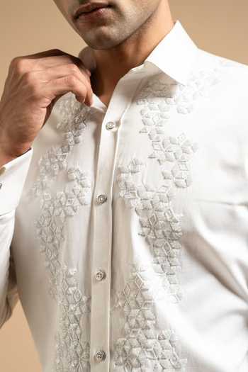 Shop_Gargee Designers_White Polyester, Satin Textured Embroidered Panel Shirt _Online_at_Aza_Fashions