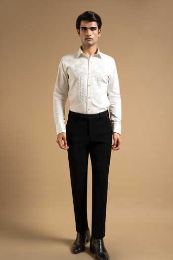 Gargee Designers_White Polyester, Satin Textured Embroidered Panel Shirt _at_Aza_Fashions