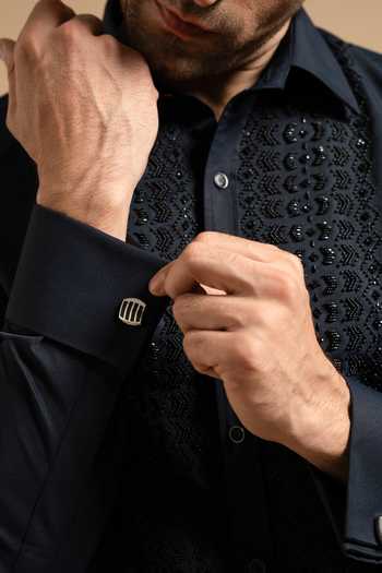 Gargee Designers_Blue Satin, Polyester Midnight Textured Embroidered Panel Shirt _Online_at_Aza_Fashions