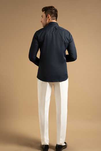 Shop_Gargee Designers_Blue Satin, Polyester Midnight Textured Embroidered Panel Shirt _at_Aza_Fashions