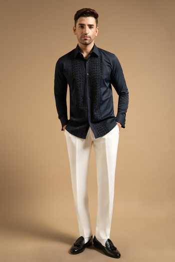 Buy_Gargee Designers_Blue Satin, Polyester Midnight Textured Embroidered Panel Shirt _Online_at_Aza_Fashions