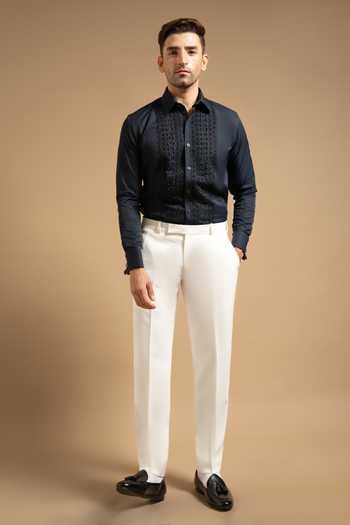 Shop_Gargee Designers_Blue Satin, Polyester Midnight Textured Embroidered Panel Shirt _Online_at_Aza_Fashions