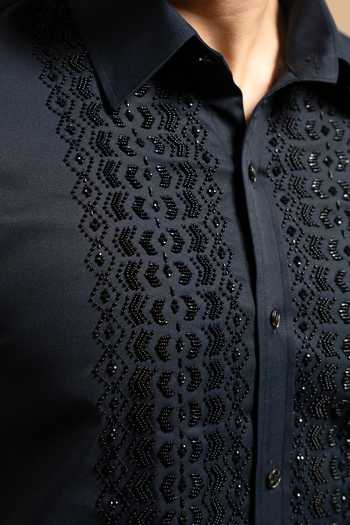 Gargee Designers_Blue Satin, Polyester Midnight Textured Embroidered Panel Shirt _at_Aza_Fashions