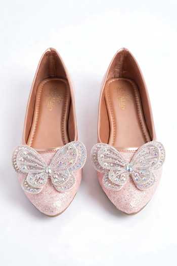 Shop_Sole Mates by Palak_Rose Gold Rosegold Butterfly Embellished Ballerinas _at_Aza_Fashions