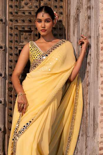 Shop_Zal From Benaras_Yellow Georgette Mirror Border Saree With Unstitched Blouse Fabric _Online_at_Aza_Fashions