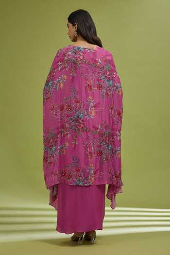 Shop_Ewoke_Pink Georgette, Satin Sweetheart Neck Printed Cape Skirt Set _at_Aza_Fashions