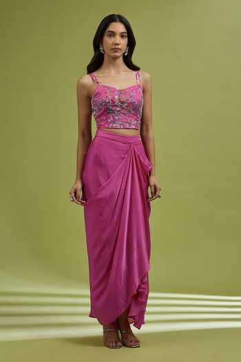 Buy_Ewoke_Pink Georgette, Satin Sweetheart Neck Printed Cape Skirt Set _Online_at_Aza_Fashions