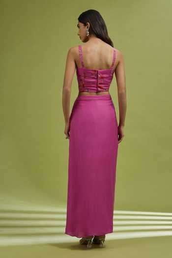 Shop_Ewoke_Pink Georgette, Satin Sweetheart Neck Printed Cape Skirt Set _Online_at_Aza_Fashions