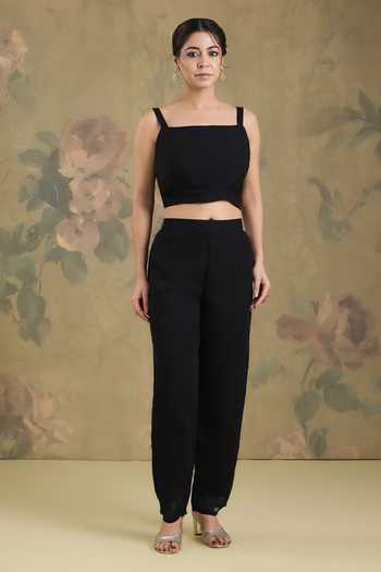Buy_Studio A_Black Georgette Boat , Square Placement Embroidered Kurta And Pant Set _Online_at_Aza_Fashions