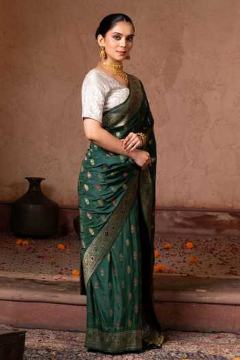 Shop_Zal From Benaras_Green Silk Banarasi Handloom Saree With Unstitched Blouse Fabric _Online_at_Aza_Fashions