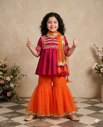 Buy_Byb Premium_Magenta Chanderi, Tulle Sequins Fringed Bodice Top Sharara Set _at_Aza_Fashions