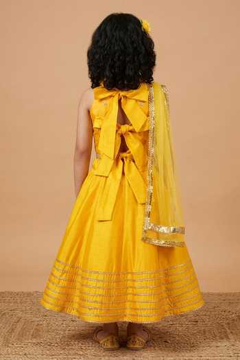 Shop_Byb Premium_Yellow Silk, Chiffon Gota Patti, Pearls Embroidered Blouse Lehenga Set _at_Aza_Fashions
