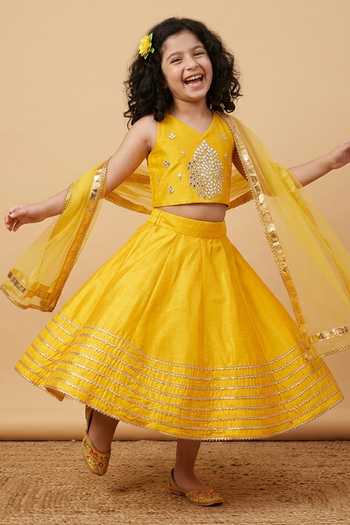 Byb Premium_Yellow Silk, Chiffon Gota Patti, Pearls Embroidered Blouse Lehenga Set _Online_at_Aza_Fashions